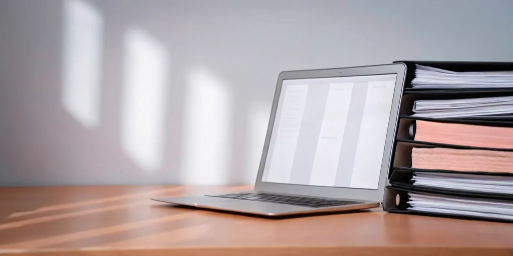 A desk with documents and a laptop used to file for a VA rating increase.