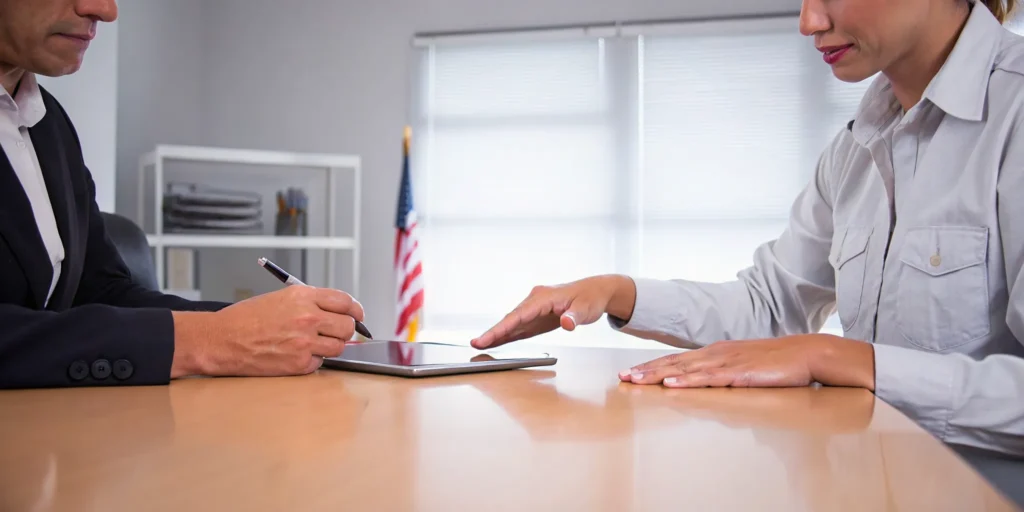 A veteran signs paperwork to hire a professional for a VA claim.