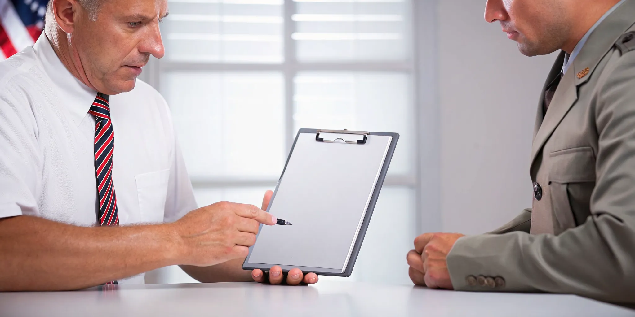 A veteran gets assistance with his VA claim appeal paperwork from an accredited representative.