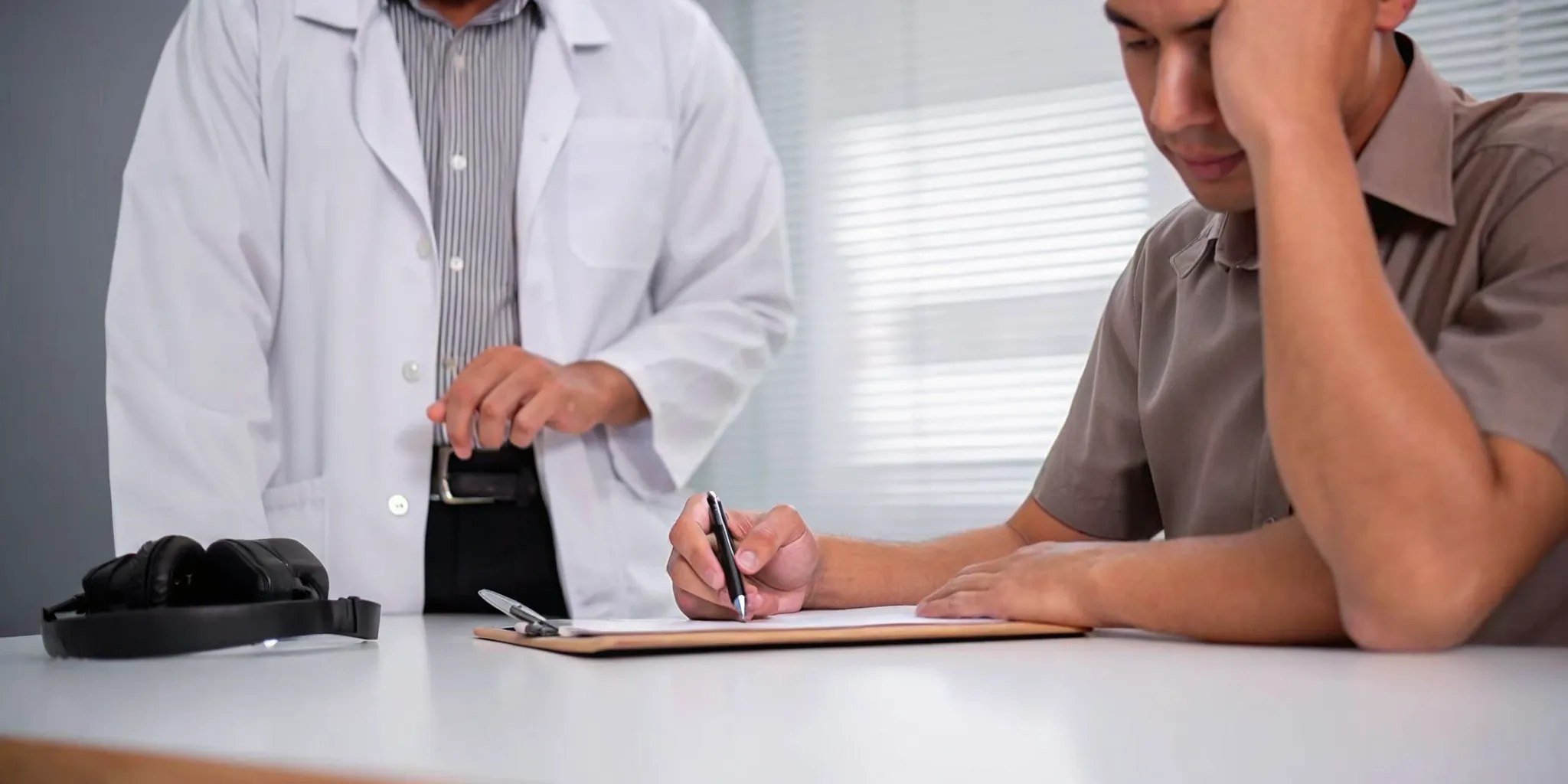 Veteran reviewing PTSD VA claim assistance documents with a peer coach