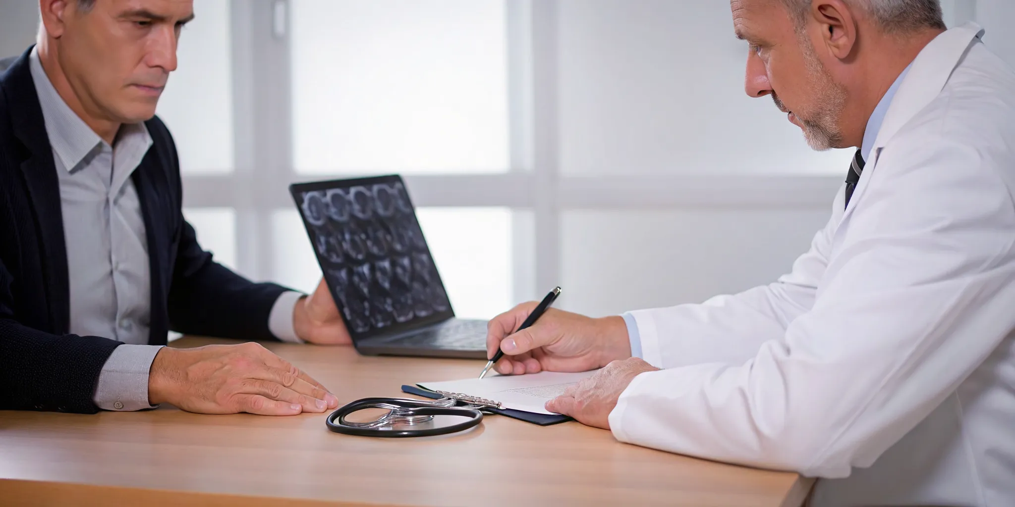A doctor reviews medical records to write an independent medical opinion for a VA disability claim.