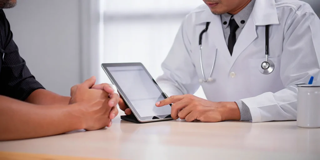 Private doctor reviewing a VA DBQ form on a tablet with a veteran patient.
