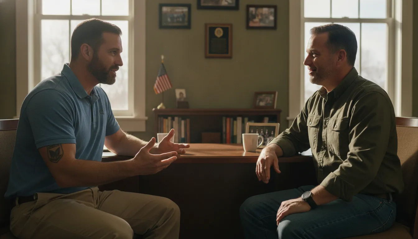 Veteran discussing a VA claim coach for PTSD with a fellow veteran
