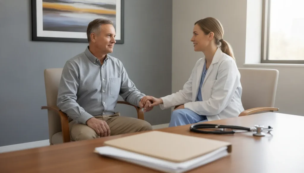 Veteran meeting with a medical professional for a VA disability claim medical evaluation service
