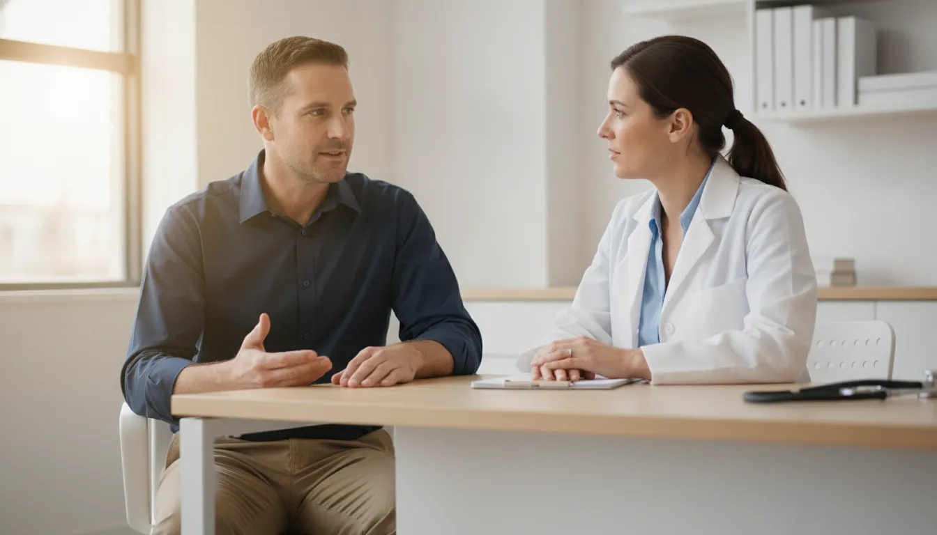 Veteran speaking openly with a VA compensation and pension examiner in a bright medical office during a C&P exam