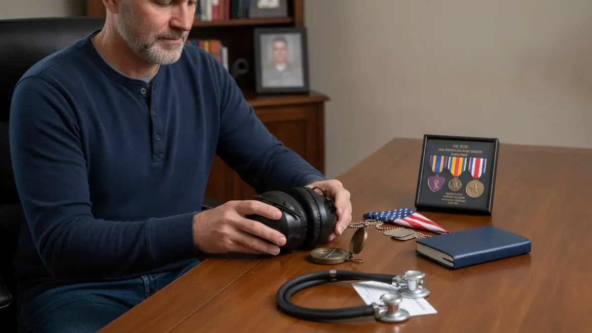 Veteran preparing for a hearing loss VA rating exam with hearing protection and service items