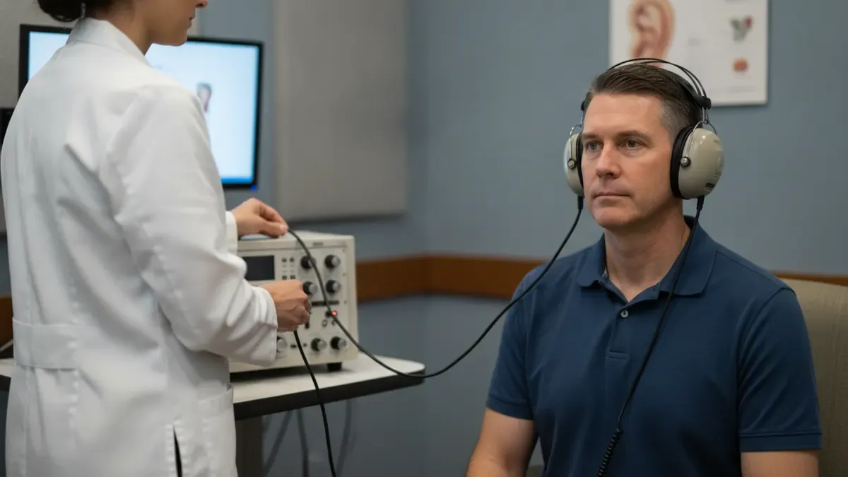 Veteran completing an audiology exam for a hearing loss VA rating claim
