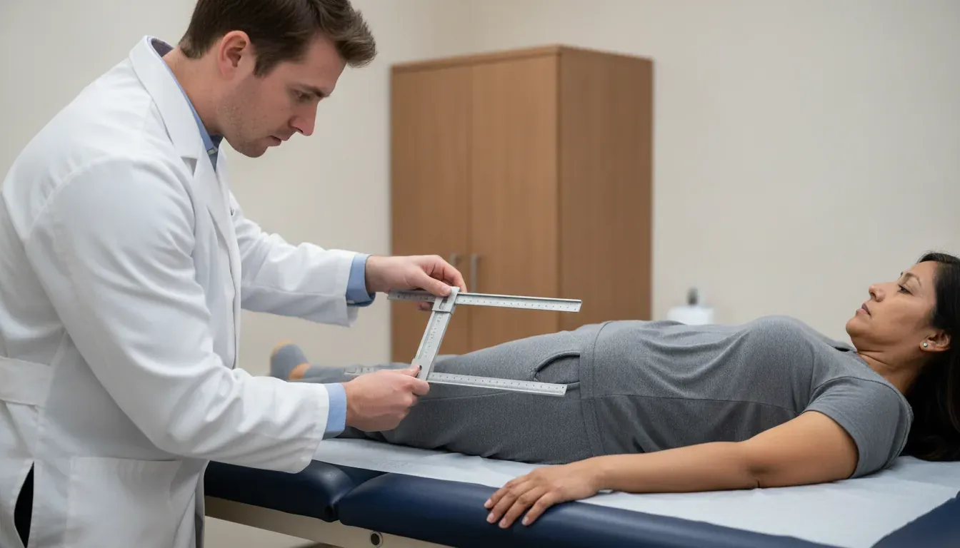 Clinician measuring a veteran hip range of motion during an examination
