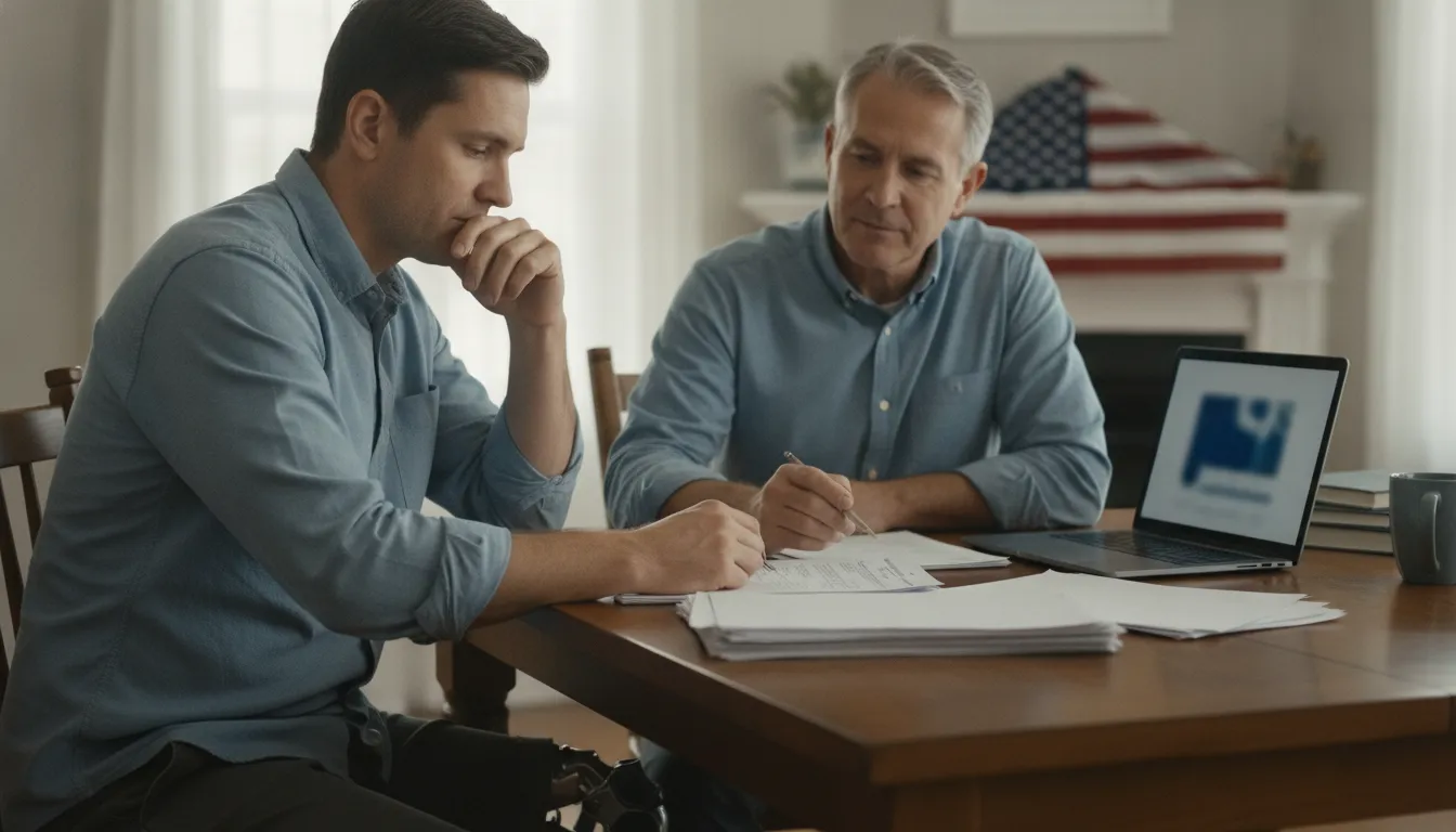 Veteran reviewing individual unemployability claim paperwork with a veteran coach