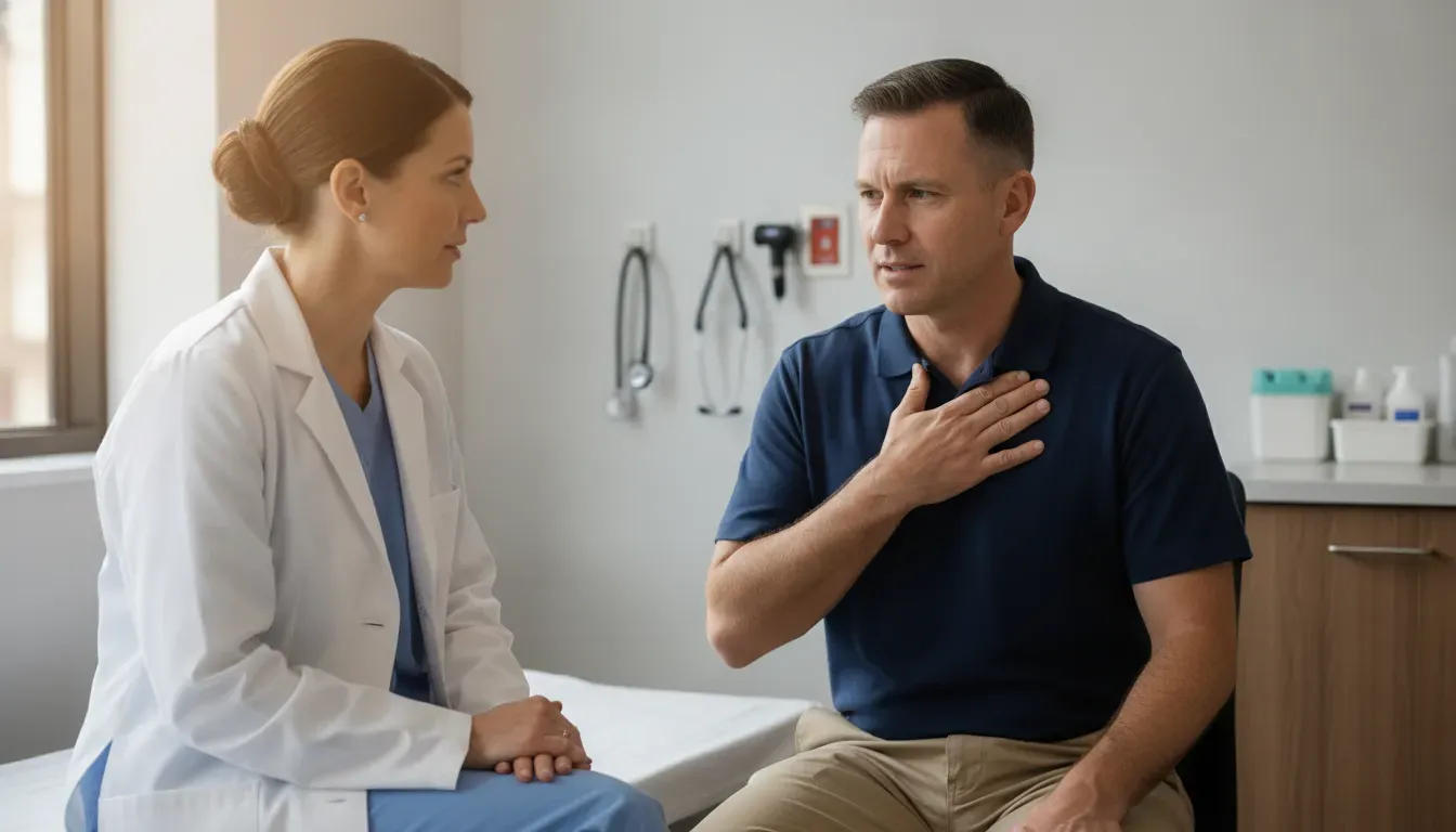 Veteran discussing GERD symptoms with a clinician for a VA disability rating evidence review