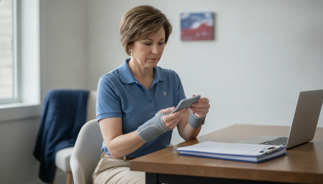 Veteran wearing a wrist brace reviewing VA rating for carpal tunnel evidence