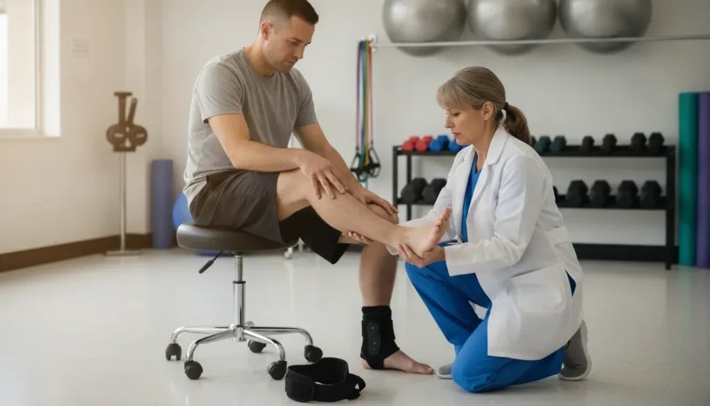 Clinician assessing a veteran ankle during an ankle pain VA rating evidence review