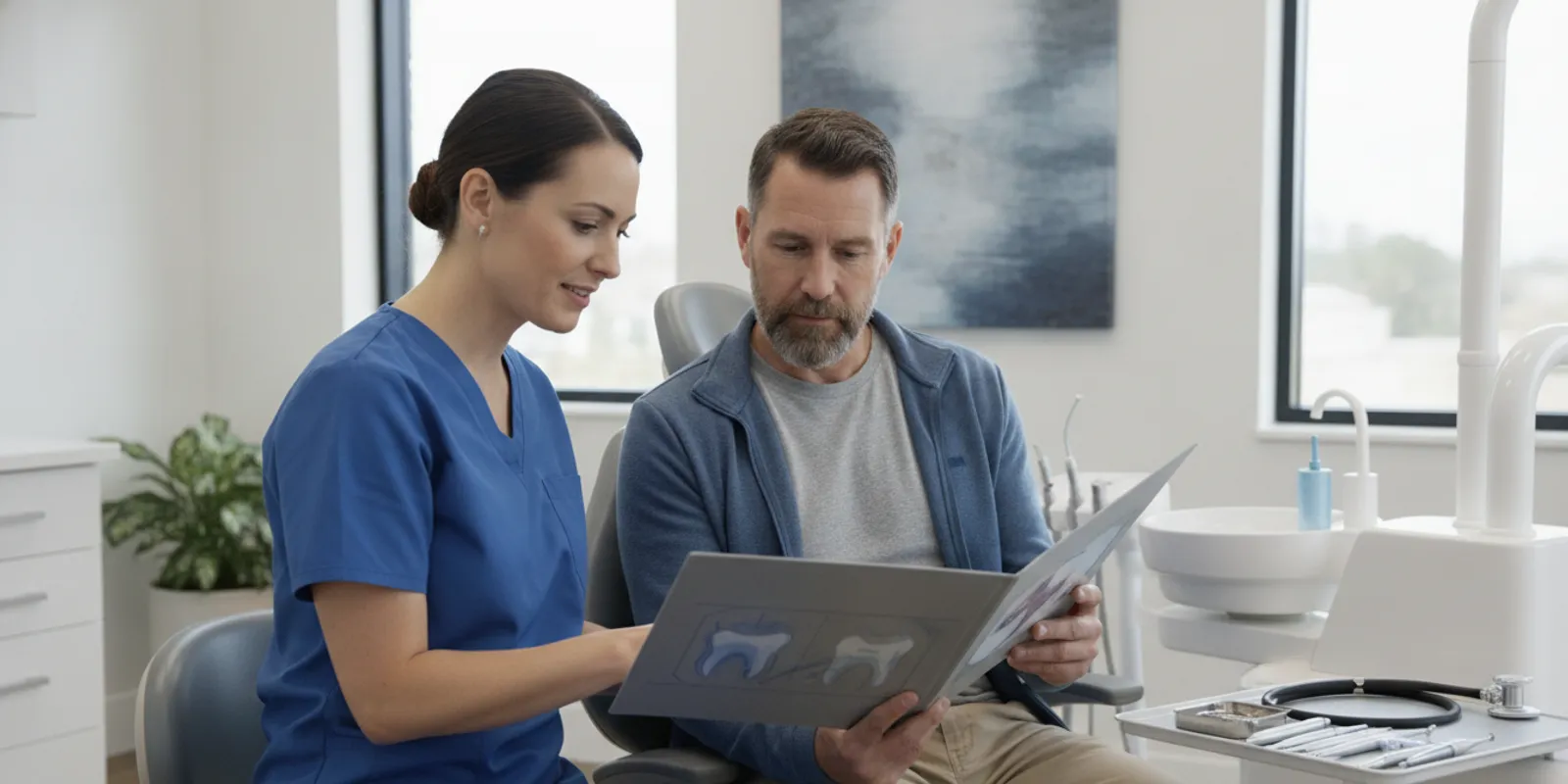 Veteran discussing dental records with a clinician in a bright dental office