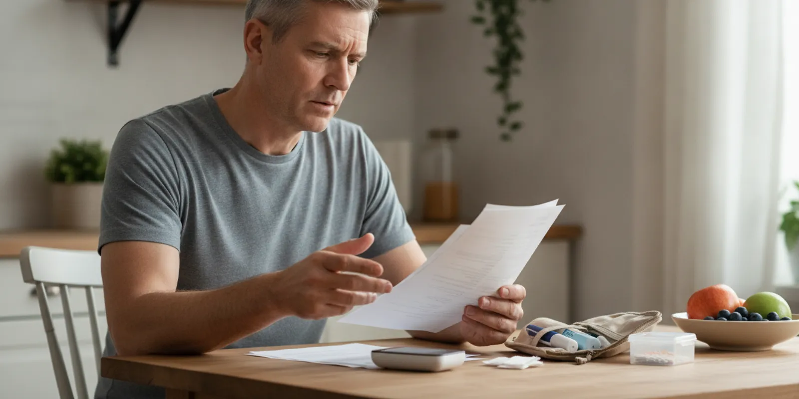 Veteran reviewing diabetes treatment records and a glucose monitor at a desk