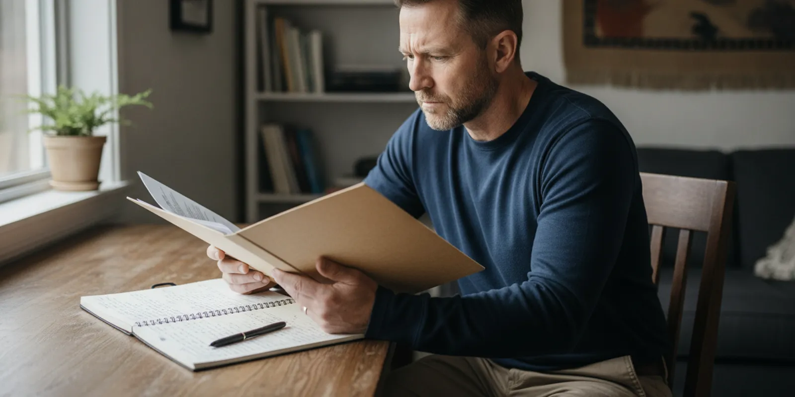 Veteran reviewing medical notes and a symptom journal at a home desk