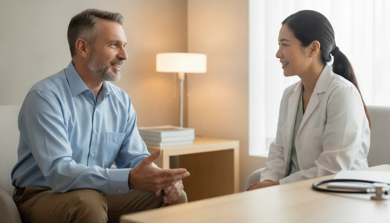 Veteran speaking with a doctor about VA DBQ evidence for a disability increase claim