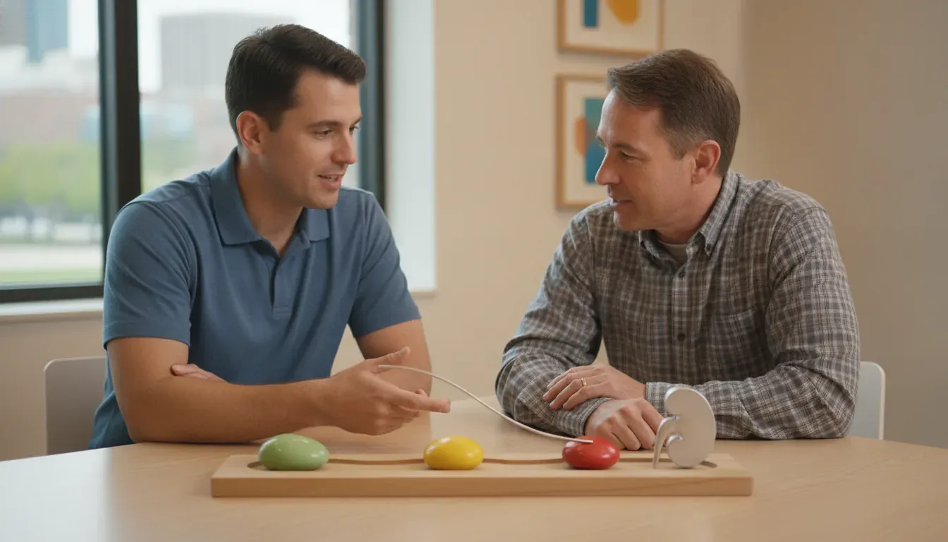 Veteran and coach reviewing a visual kidney-function timeline for a VA rating guide