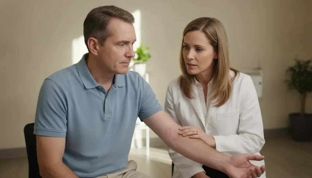 Veteran discussing psoriasis symptoms with a dermatologist for a psoriasis VA rating review