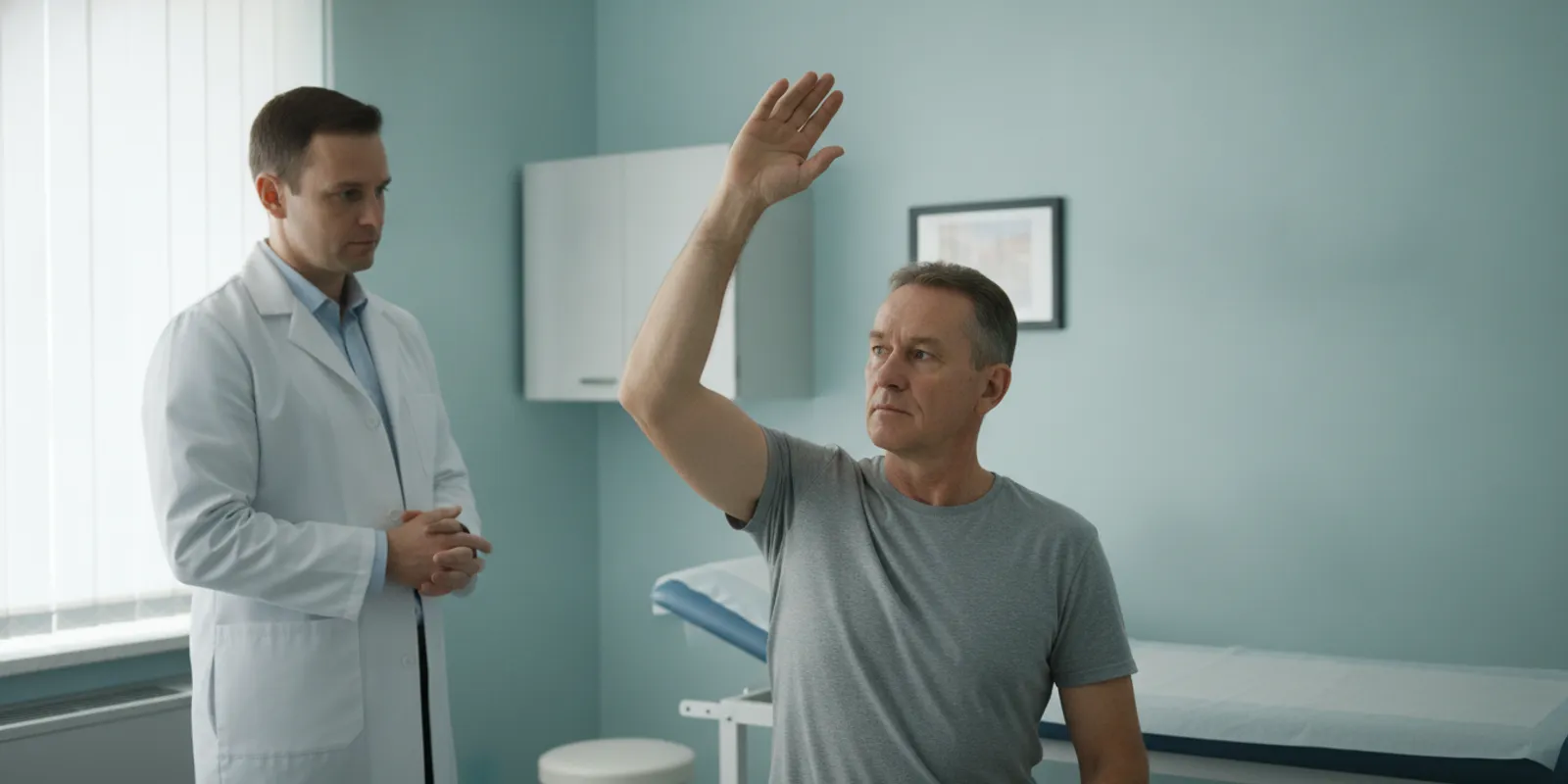 Veteran gently raising an arm during a shoulder range-of-motion assessment