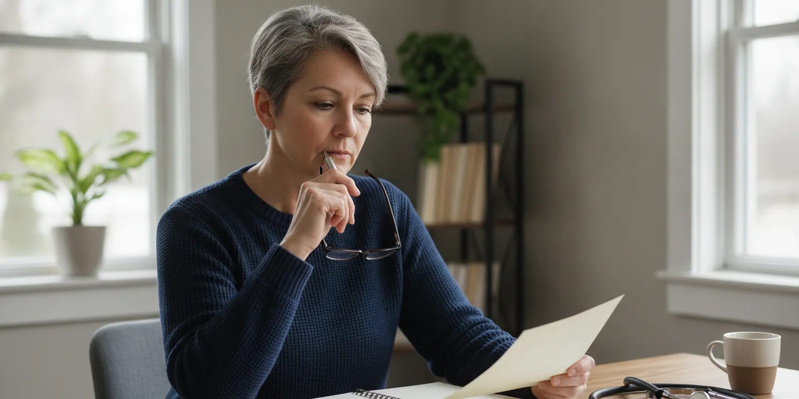 Veteran reviewing traumatic brain injury appointment notes at a desk
